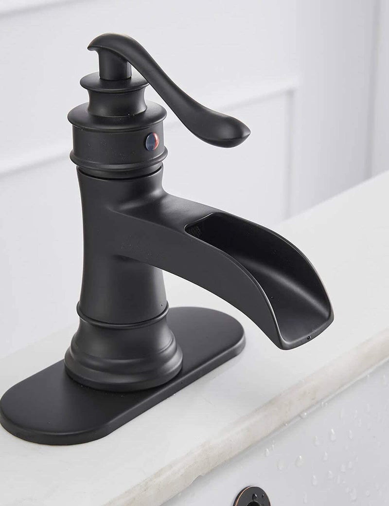 BATHFINESSE Waterfall Bathroom Sink Faucet Black Bathroom Faucet 1 Hole with Pop Up Drain Stopper Supply Hose, Matte Black - Image 4